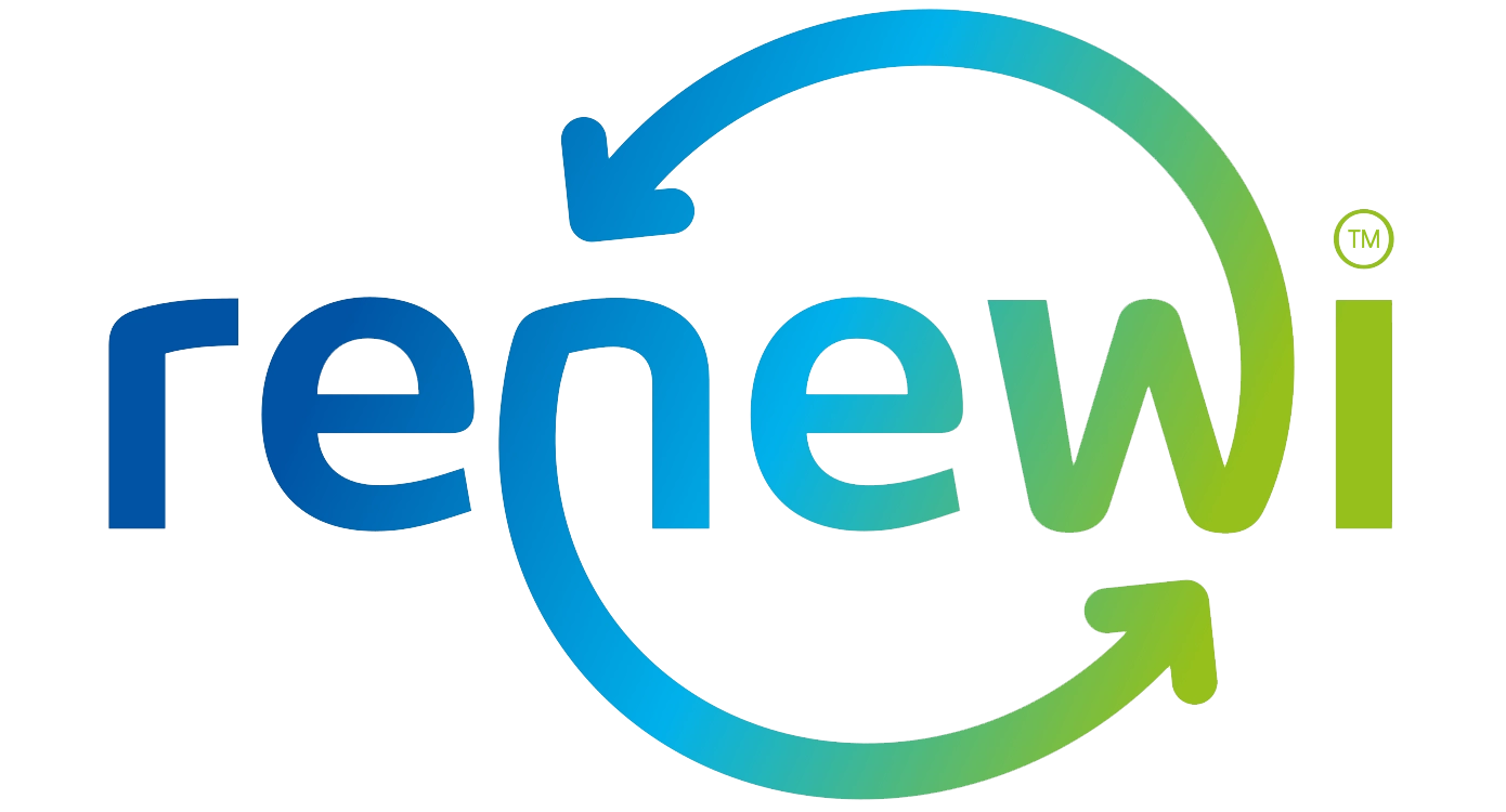 Logo met het woord 'renew' en pijlen die in een cirkel bewegen, symboliseert duurzaamheid en hernieuwbare energie.