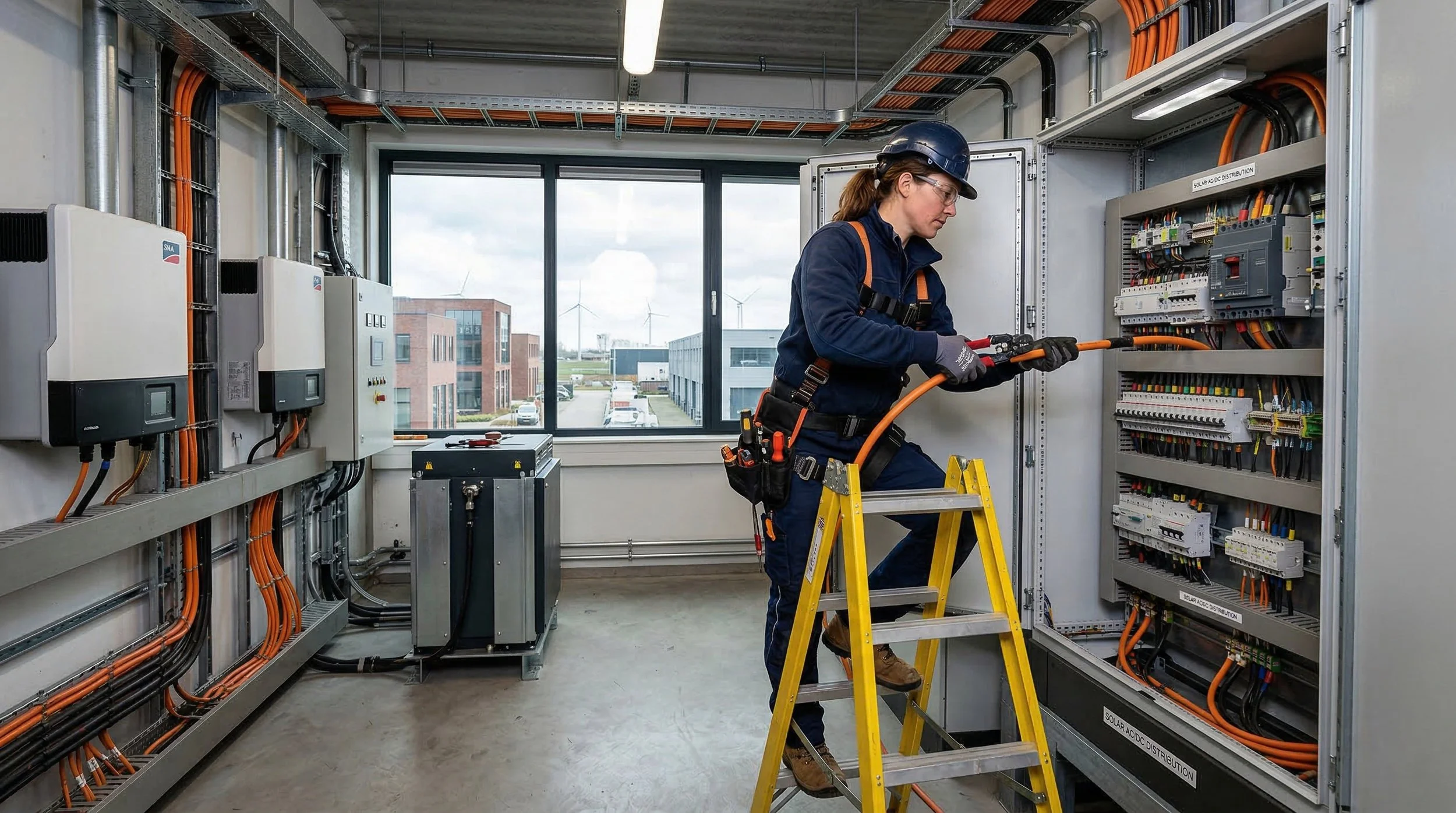 Een vrouw in een veiligheidshelm en werkkleding repareert elektrische bekabeling in een technische ruimte met grote ramen en windmolens op de achtergrond.