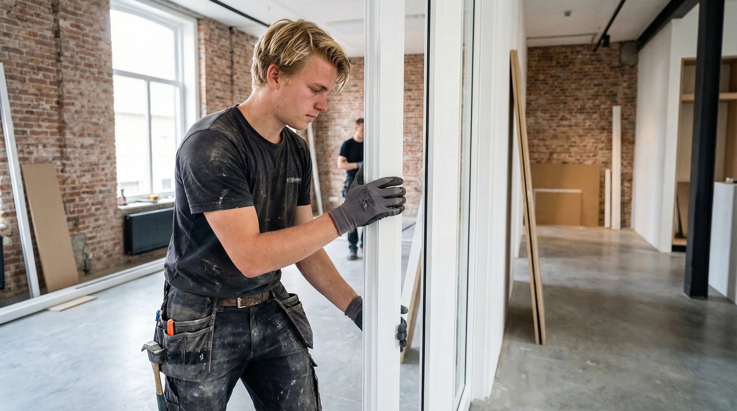 Een man die in een interieur van een huis aan het klussen is, met een glas in zijn hand en gekleed met werkbroek en handschoenen, terwijl hij een raamkozijn installeert.