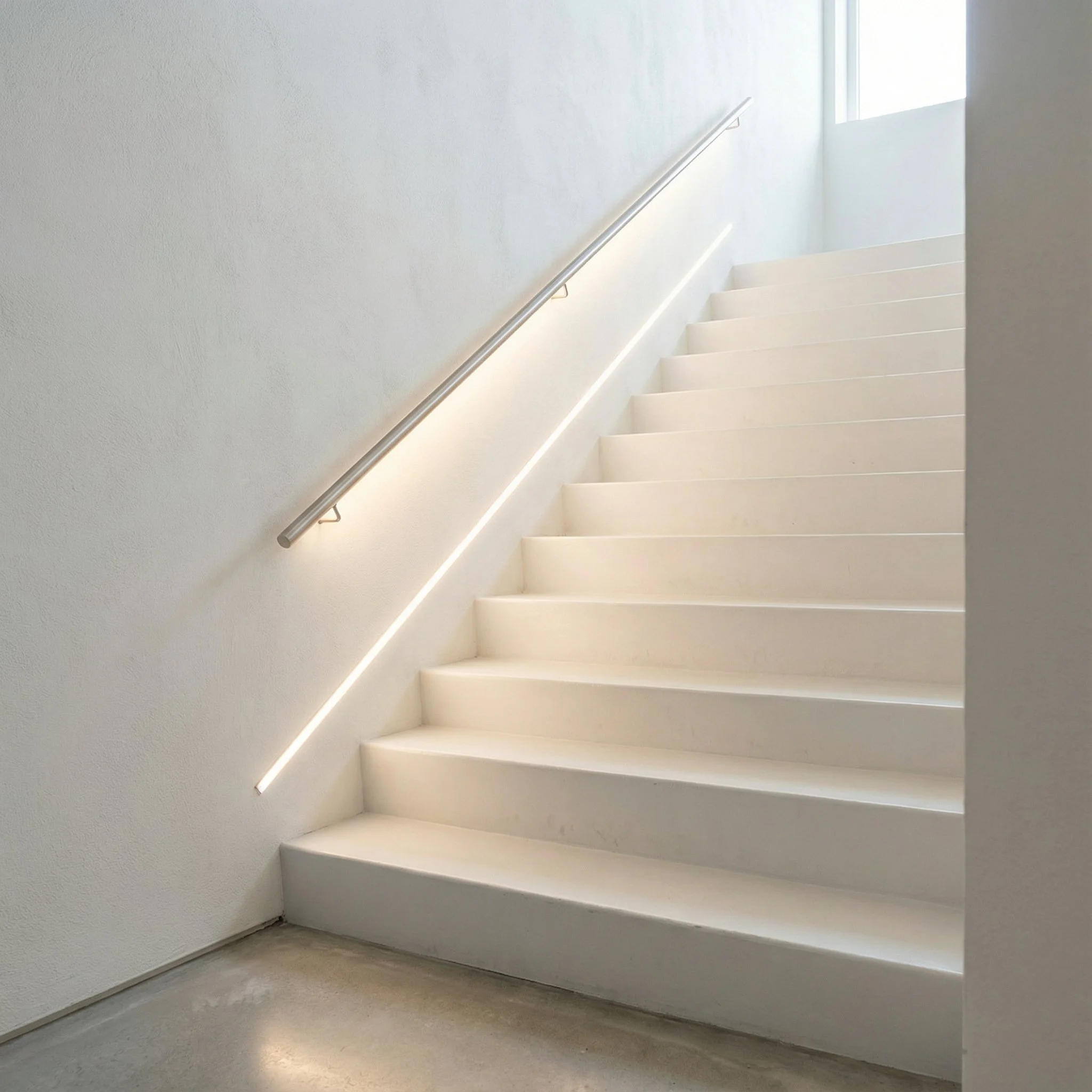 Witte trappen met metalen handrail en een raam dat veel natuurlijk licht binnenlaat in een minimalistische, moderne interieur.