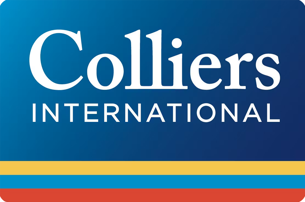 Logo van Colliers International met blauwe achtergrond, drie horizontale strepen in geel, blauw en rood, en een beige vierkant links naast de tekst.