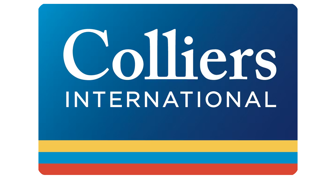 Logo van Colliers International met blauwe achtergrond en drie horizontale strepen in geel, blauw en rood onder de tekst.