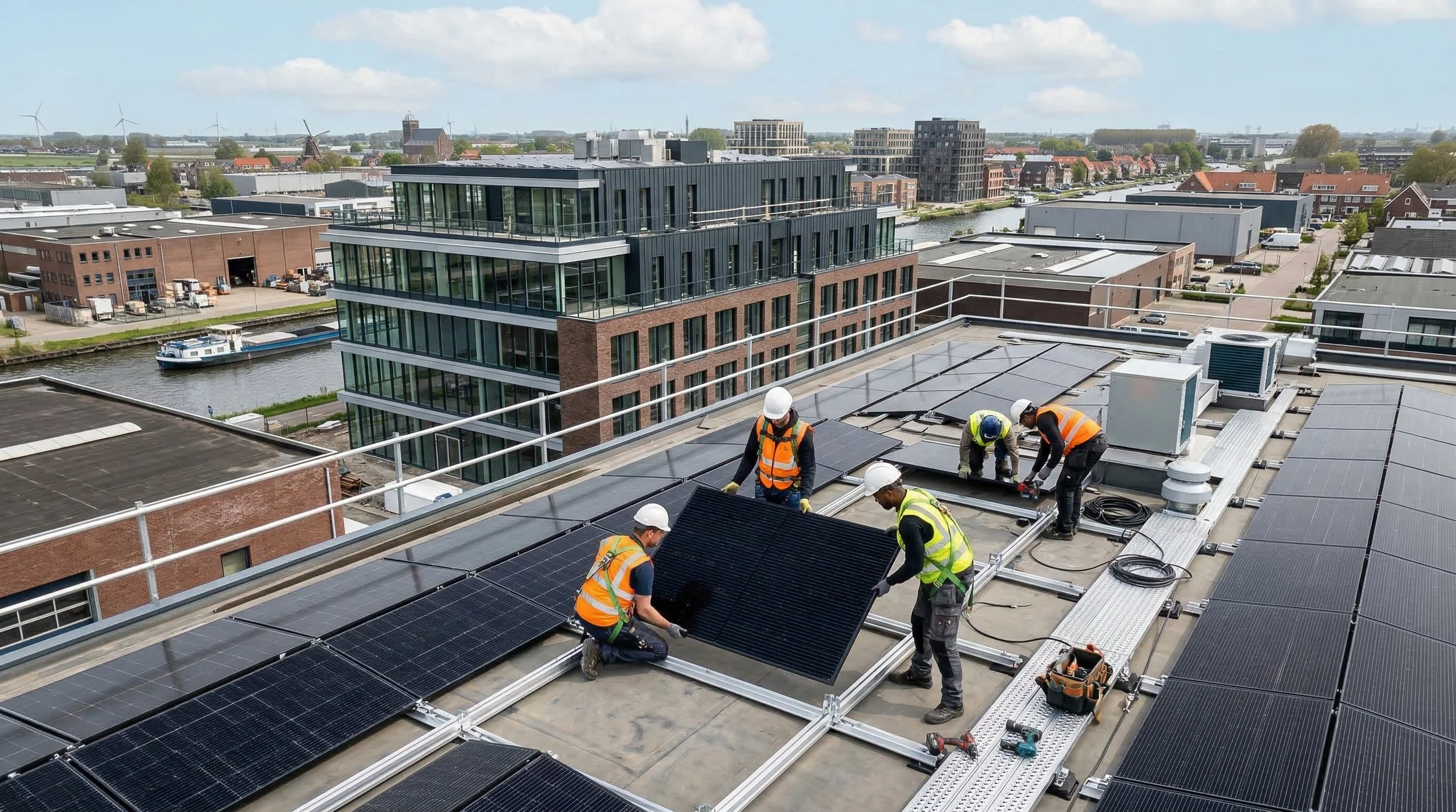 Bouwvakkers installeren zonnepanelen op het dak van een modern gebouw in een stedelijke omgeving met water en woningen op de achtergrond.