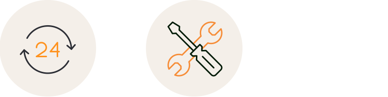 Twee iconen, één met een droogsymbool en het nummer 24, en een met een kruissleutel en een vork, symboliserend gereedschap of service.