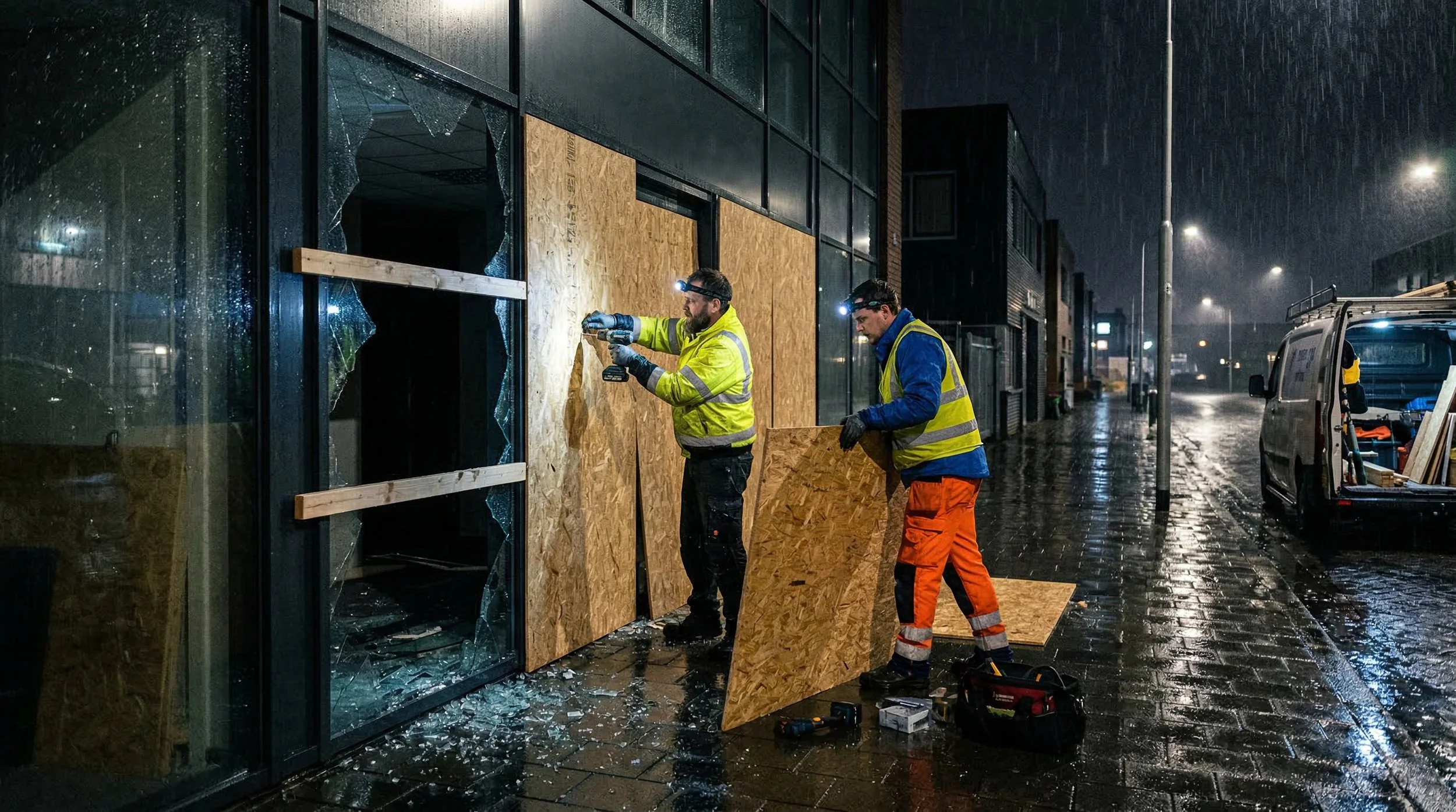 Twee arbeiders repareren een raampartij met getextureerde houten panelen op een regenachtige avond op straat.