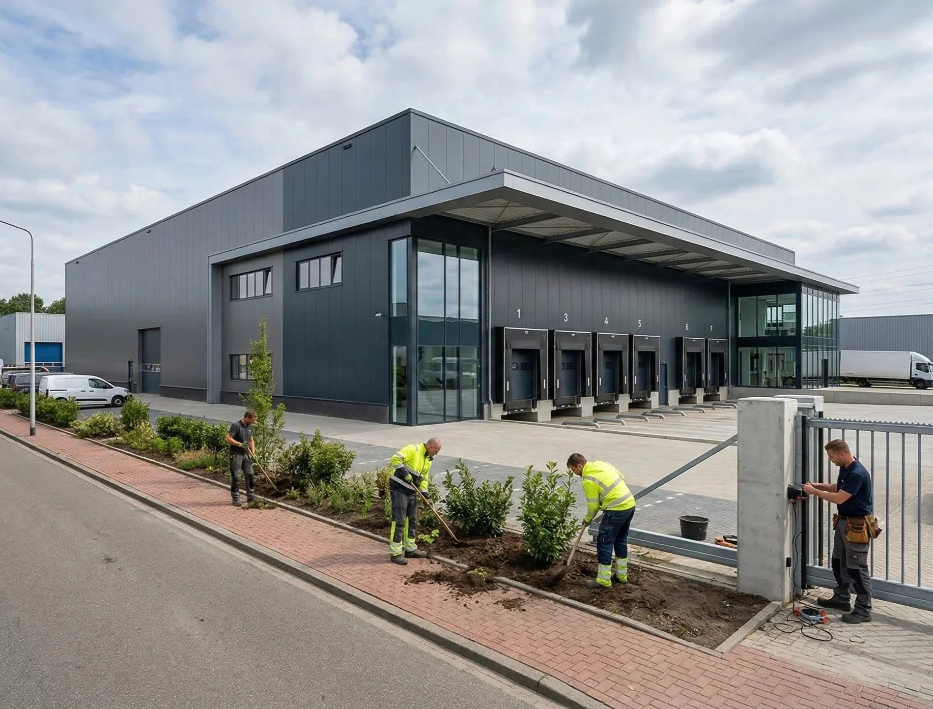 Mensen die tuinwerkzaamheden uitvoeren naast een modern industrieel gebouw met laadperrons.