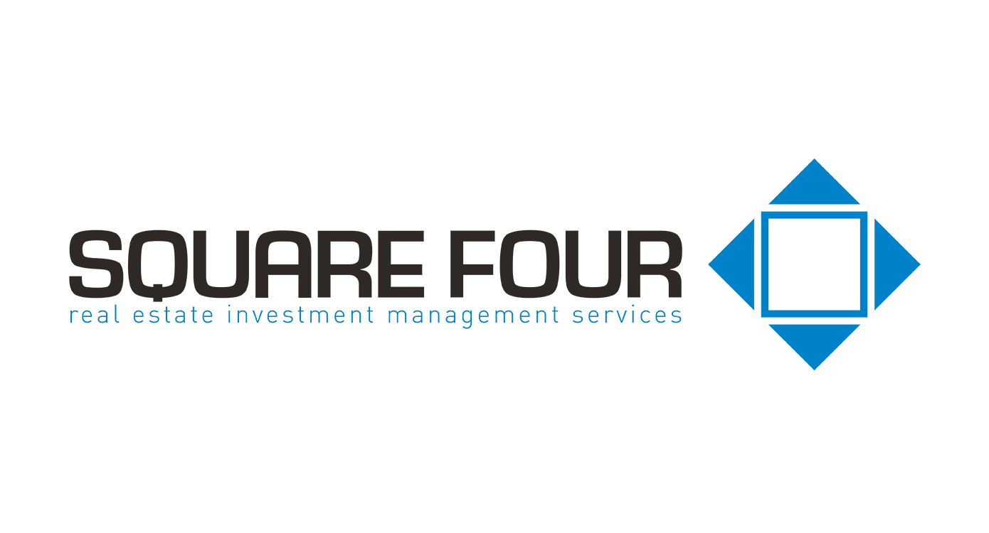 Logo van Square Four met de tekst 'real estate investment management services' onder de naam.