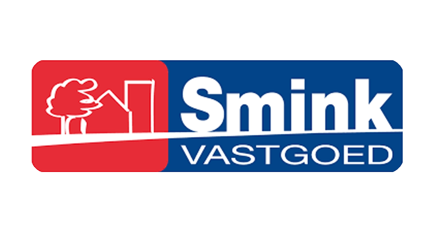 Logo van Smink Vastgoed, met een rood vak aan de linkerzijde met een witte illustratie van een huis en een boom, en een blauwe vak aan de rechterzijde met de witte tekst 'Smink VASTGOED'.