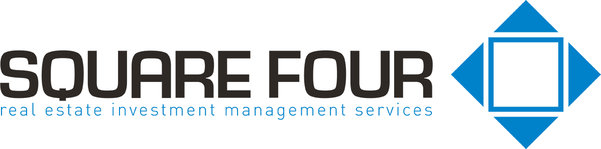 Logo van Square Four, met de tekst 'real estate investment management services' en een geometrisch icon in blauw.