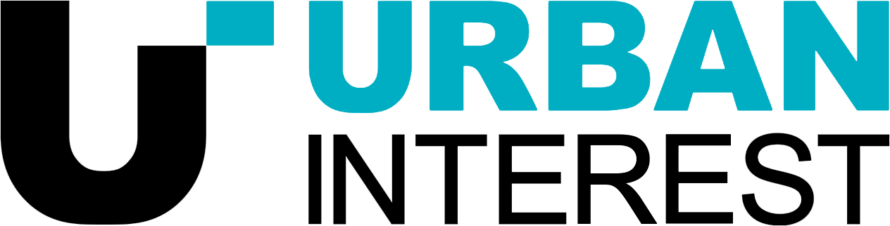Een zwart en wit bedrijfslogo met de woorden 'YOUR' en 'URBAN' in grote blauwe letters, waarbij 'YOURS' en 'URBAN' samen een ontwerp vormen met een minimalistische uitstraling.