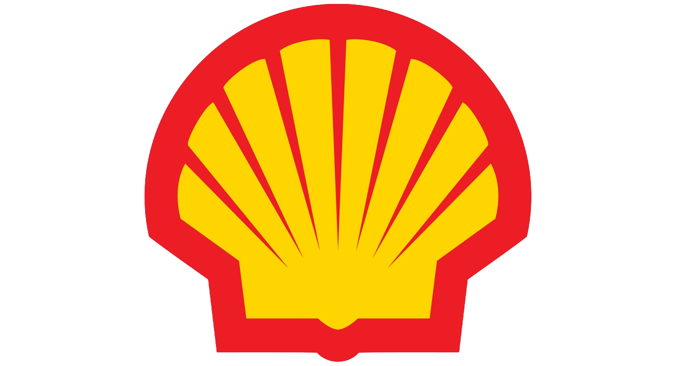 Het logo van Shell, een geel schelpachtig ontwerp met een rode rand.