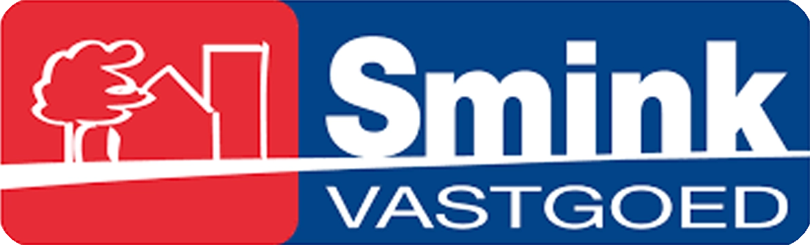 Logo van Smink Vastgoed met een rood en blauw kleurenpalet, een huis en een boom afgebeeld.