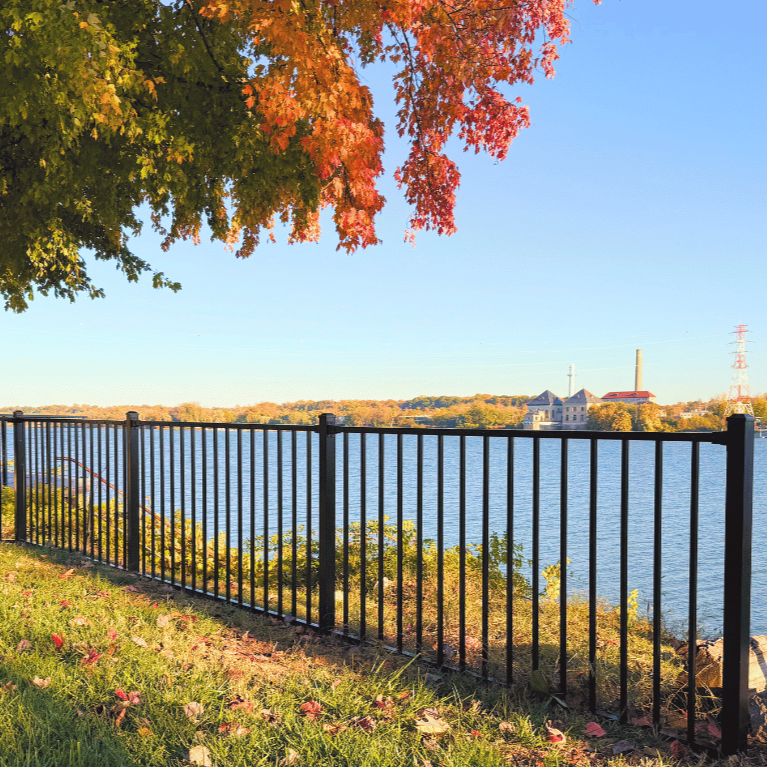 3ft tall Black aluminum fence on the Ohio River