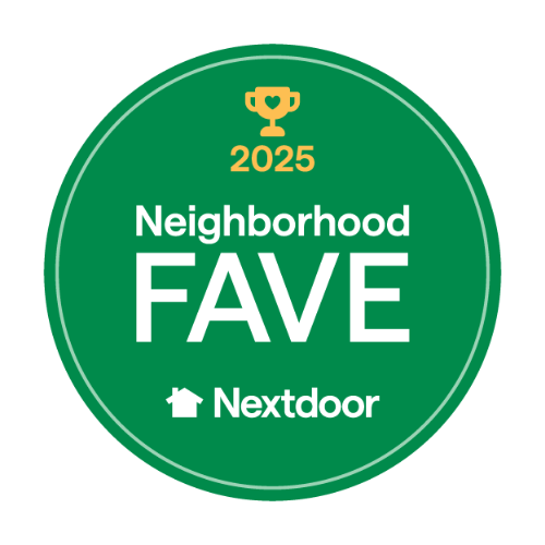 Green circular badge with a gold trophy icon and the text "2025 Neighborhood FAVE" and "Nextdoor" with a house icon.
