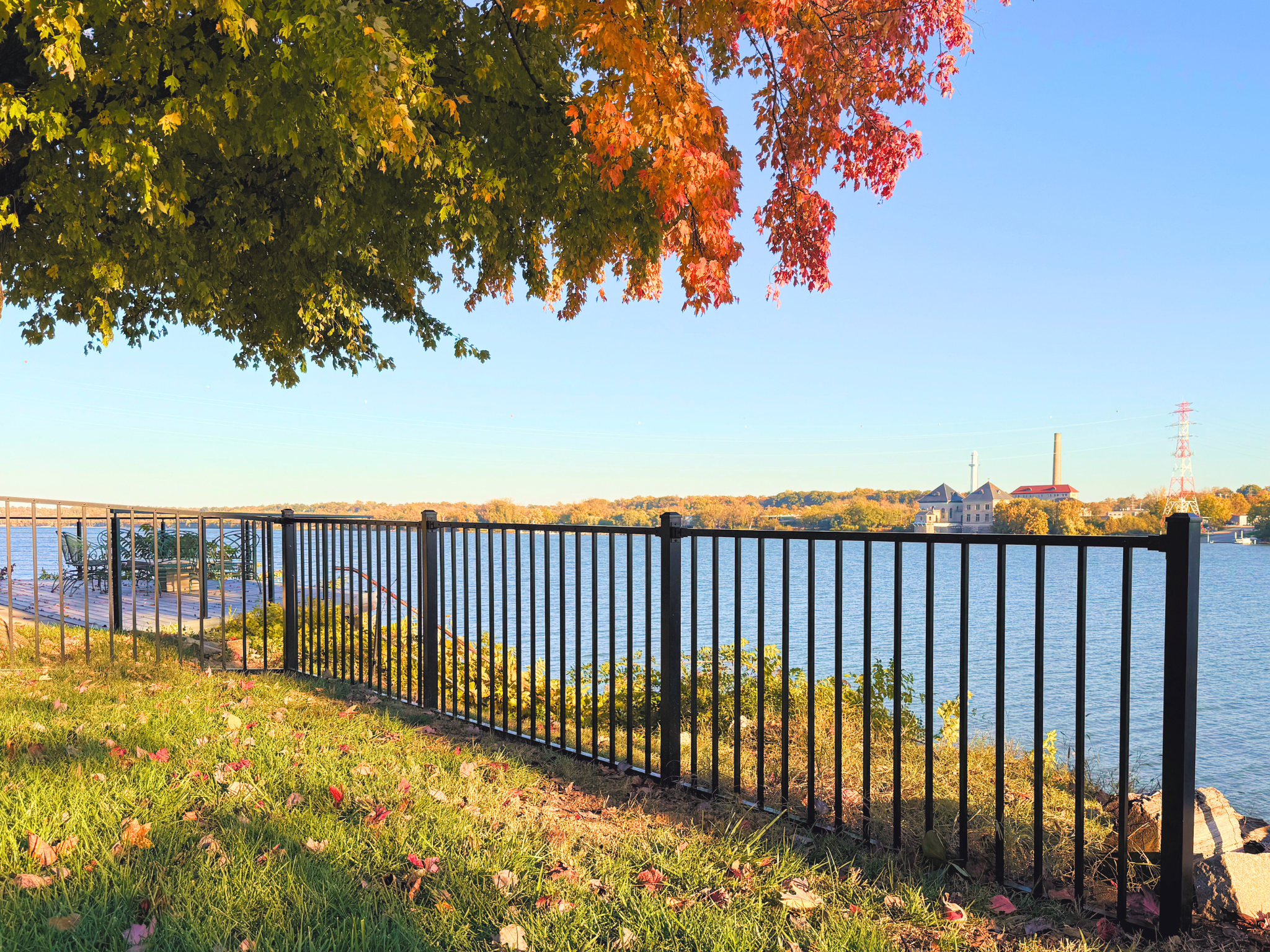 3 ft black aluminum fence with brackets, modern, dog fence, kids fence, waterfront, fall tree, fall leaves, ohio river