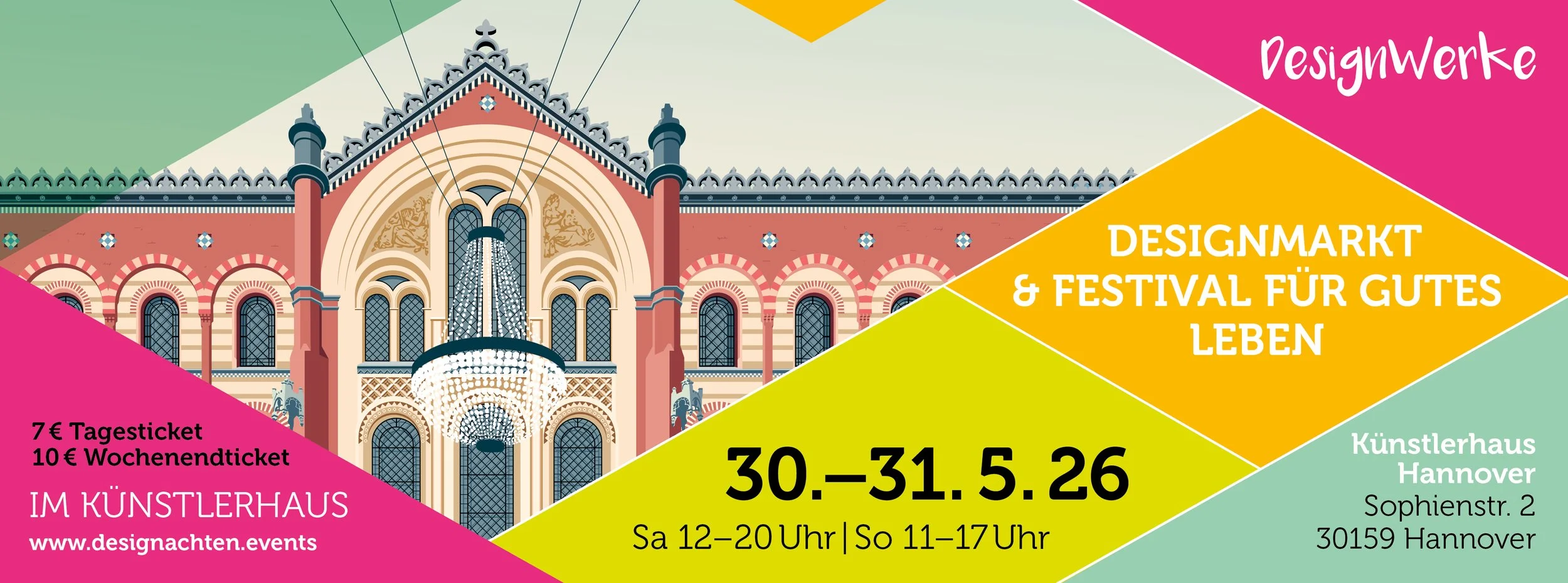 Grafische Einladung zum Designmarkt und Festival im Künstlerhaus Hannover, mit Illustration eines historischen Gebäudes. Termine: 30.-31. Mai 2026, Samstag 12-20 Uhr, Sonntag 11-17 Uhr. Eintritt: 7 € Tagesticket, 10 € Wochenendticket. Adresse: Sophienstr. 2, 30159 Hannover. Website: www.designnachten.events.
