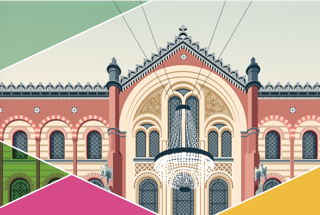 Illustration eines venezianischen Gebäudes mit einer großen, prächtigen Fassade und einem Kronleuchter im Eingang.