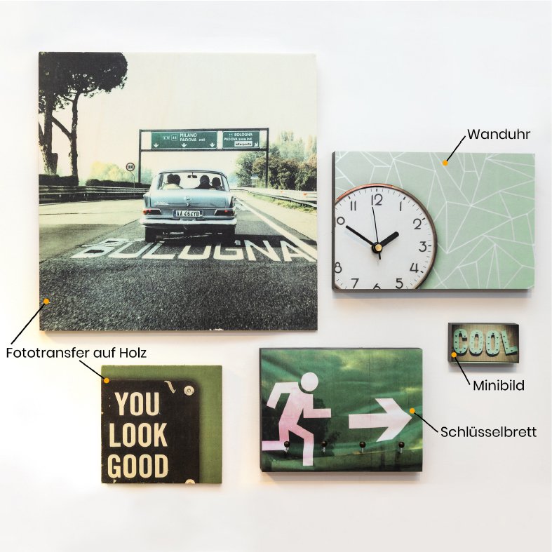 Wandregal mit einem großem Wandbild eines Autos auf der Straße, einem Uhr mit weißen Ziffern und schwarzem Rahmen, einem grünen Bild mit einem laufenden Symbol, einem grünen Schlüsselfeld, einem Minibild mit "COOL" und einem Holz-Phototransfer, der das Wort "PULSUGNA" auf der Straße zeigt.