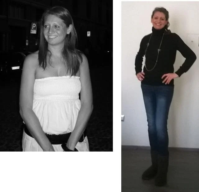 Due foto di una donna, una in bianco e nero e l'altra a colori, che mostra una trasformazione fisica significativa.