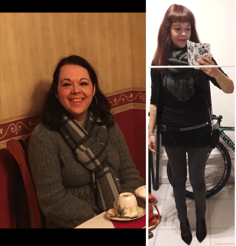 due fotografie di una donna, una seduta in un ristorante e una che si fa un selfie di fronte a uno specchio