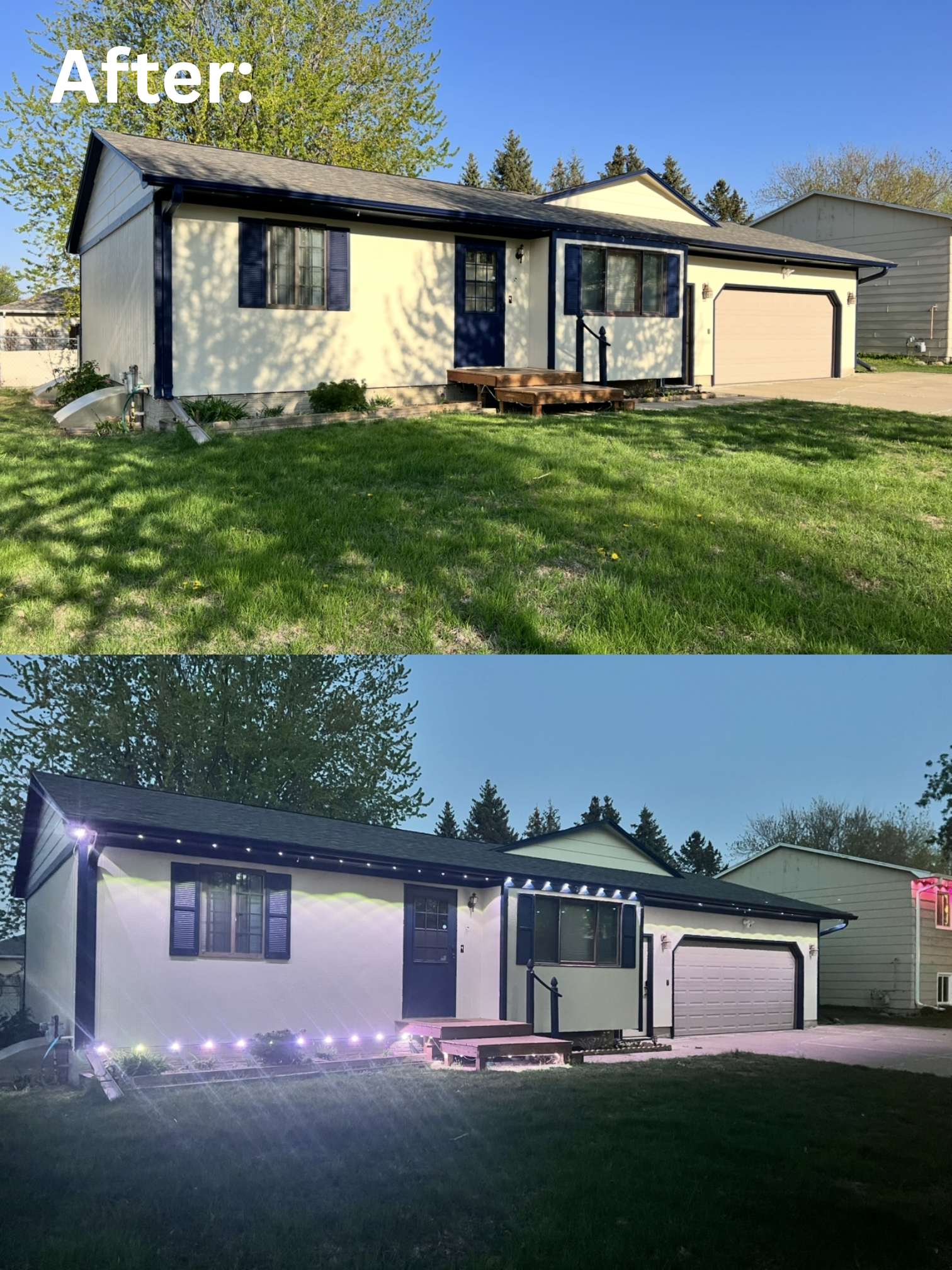 Comparison of a house exterior during daytime and at night, showing the house lit up with outdoor string lights at night. Showcasing the after photo of the updated house exterior paint with installed bluetooth houselights.