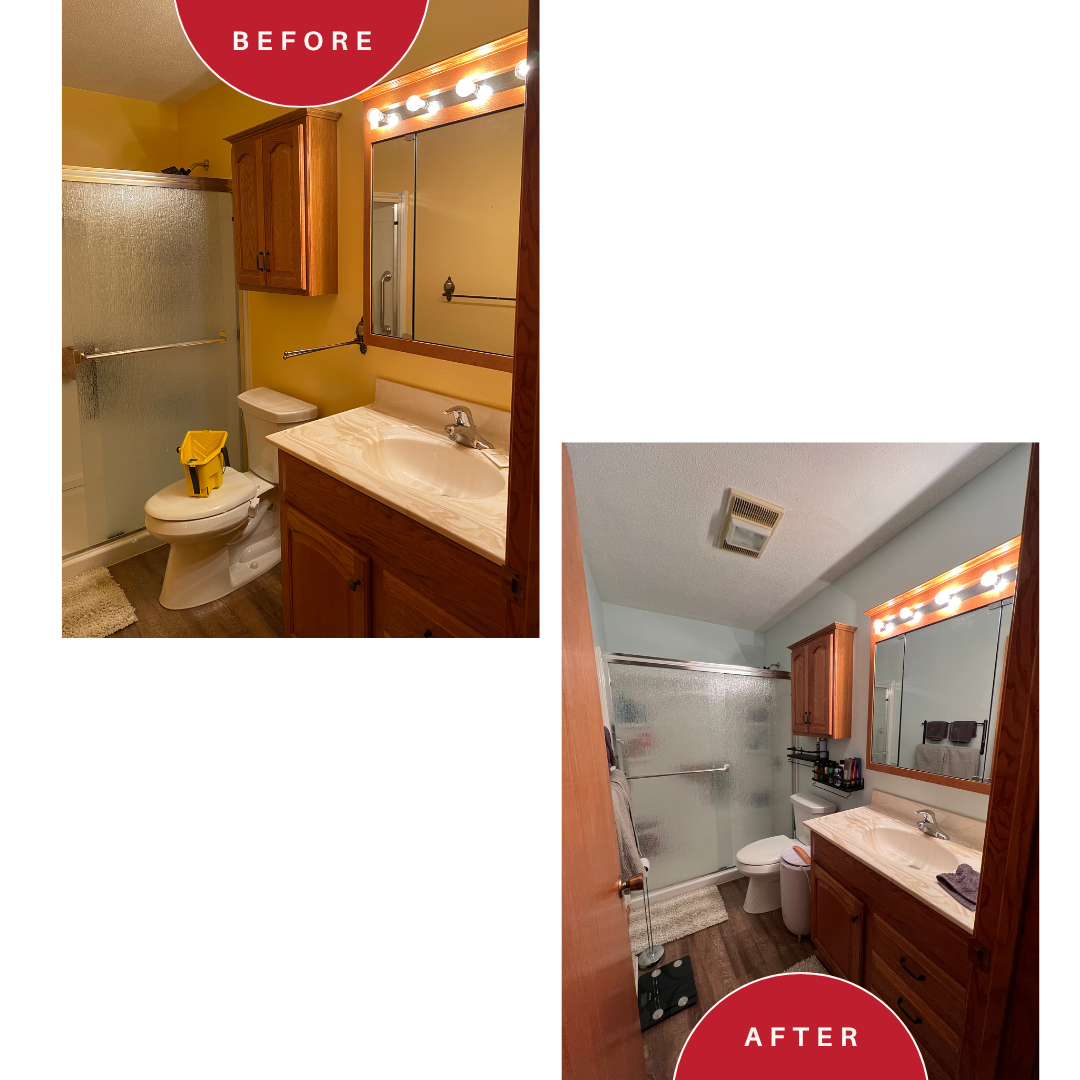 Comparison of a bathroom before and after renovation showing a small space with a shower, toilet, and vanity, with improved lighting, cleaned surfaces, and organized toiletries. Bathroom went from a dark yellow color to a light blue wall color.