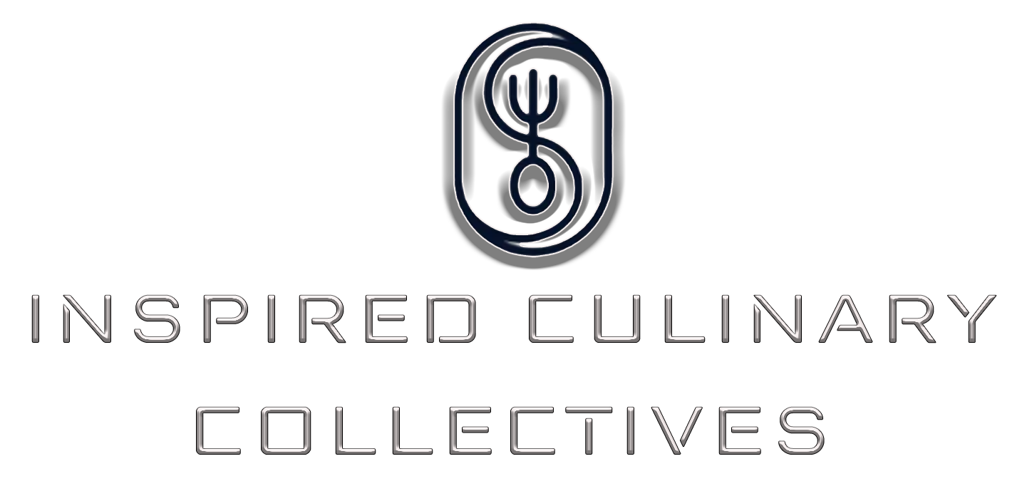 Black background with a stylized fork, spoon, and knife icon at the top and the text 'Inspired Culinary Collectives' written below in outlined style.
