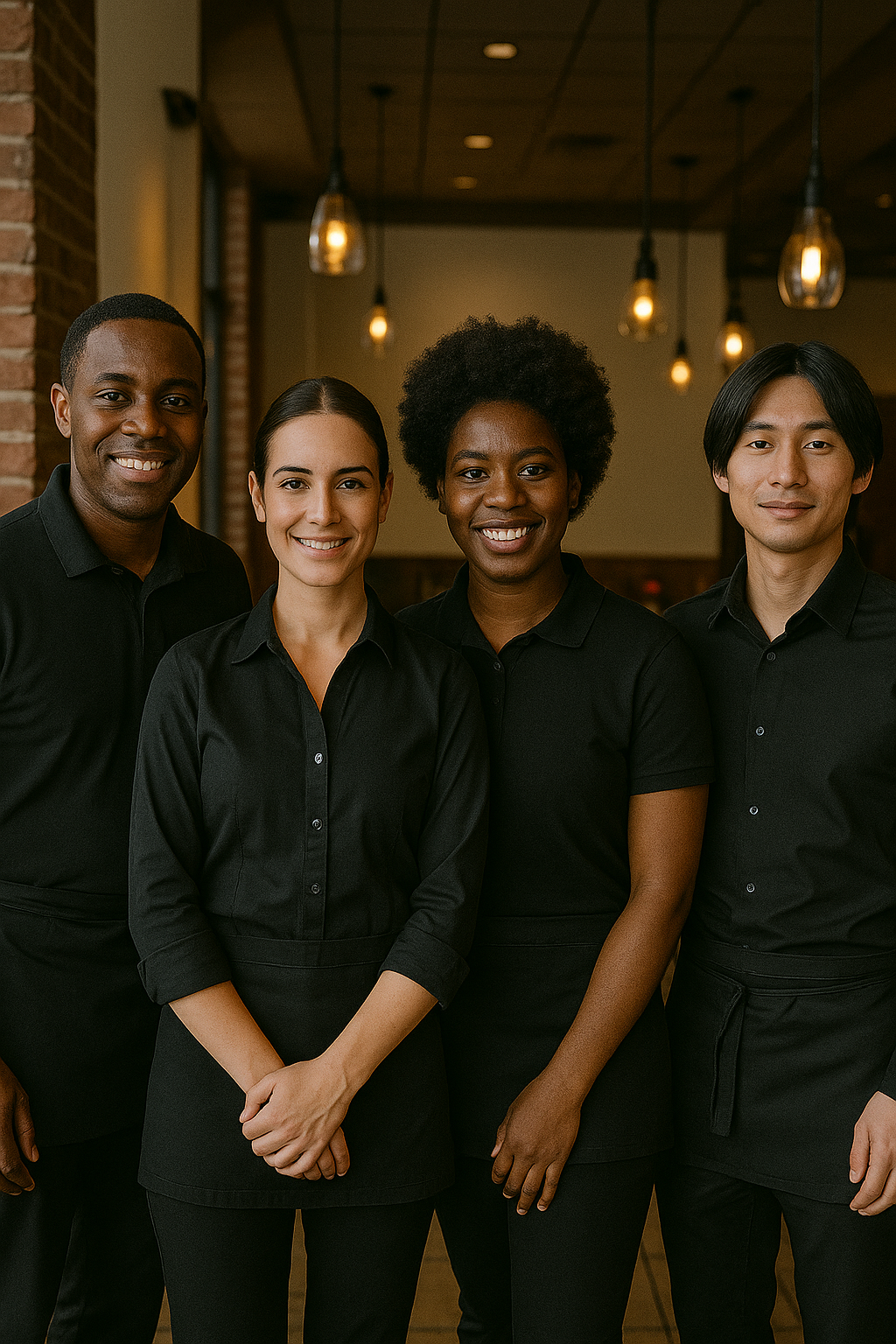 Four diverse restaurant staff members wearing black uniforms standing indoors with warm lighting.
