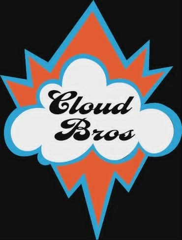 A logo with a cloud-shaped background and a burst of orange and blue shapes, with the text 'Cloud Bros' in black cursive font in the center.