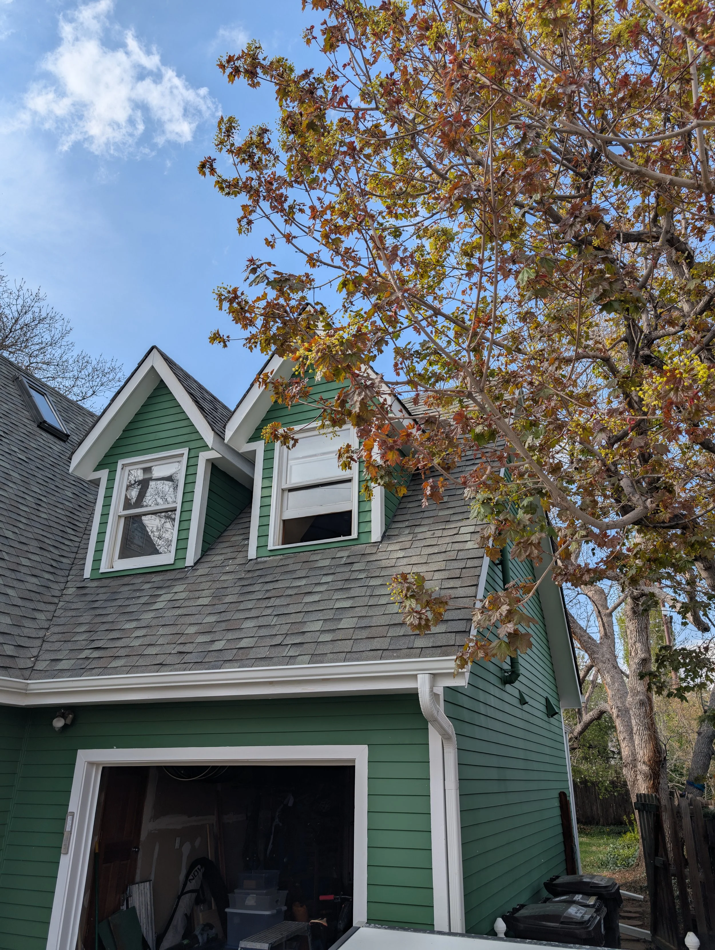 Rear view of a two-story house with green siding, gray shingled roof, and dormer windows, with a tree and partly cloudy sky in the background.