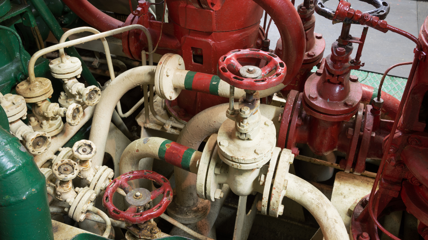 Commercial fire sprinkler riser with control valves and piping system.