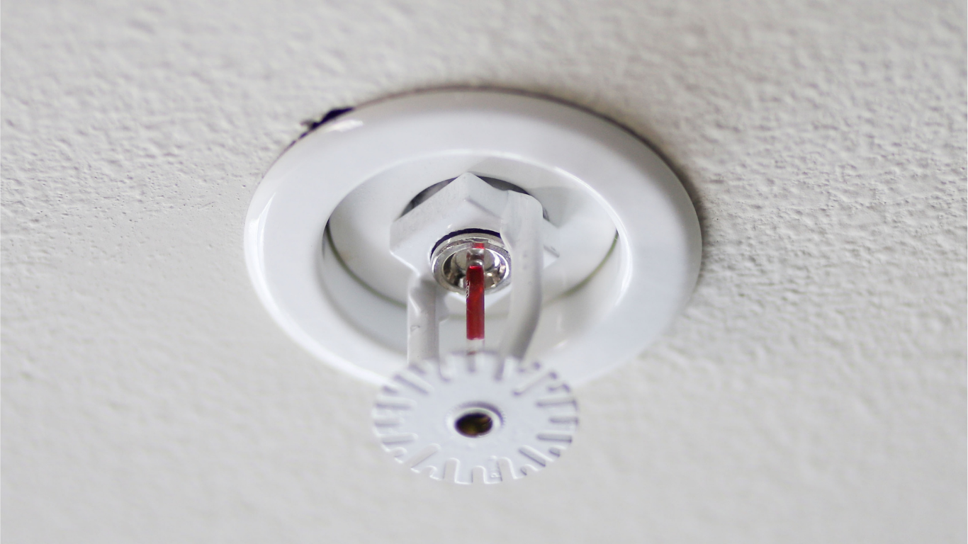 Close-up of recessed ceiling-mounted residential fire sprinkler head.