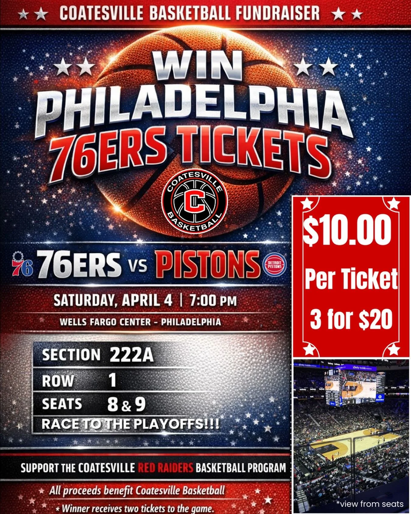 We&rsquo;ll be raffling off Sixers/ Pistons Tickets at today&rsquo;s game! $10 per raffle ticket. All proceeds support the program!!!!
