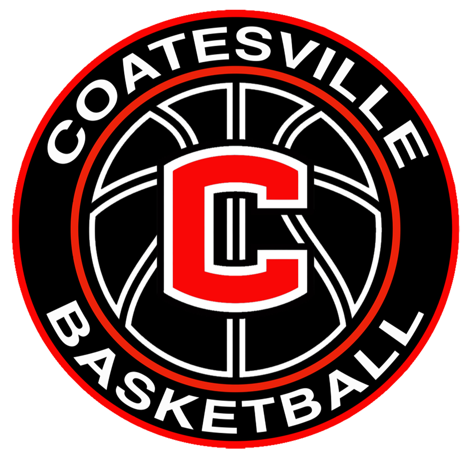 Logo of Coatesville Basketball featuring a red letter C in the center, surrounded by a basketball wheel design and text in a circular pattern.