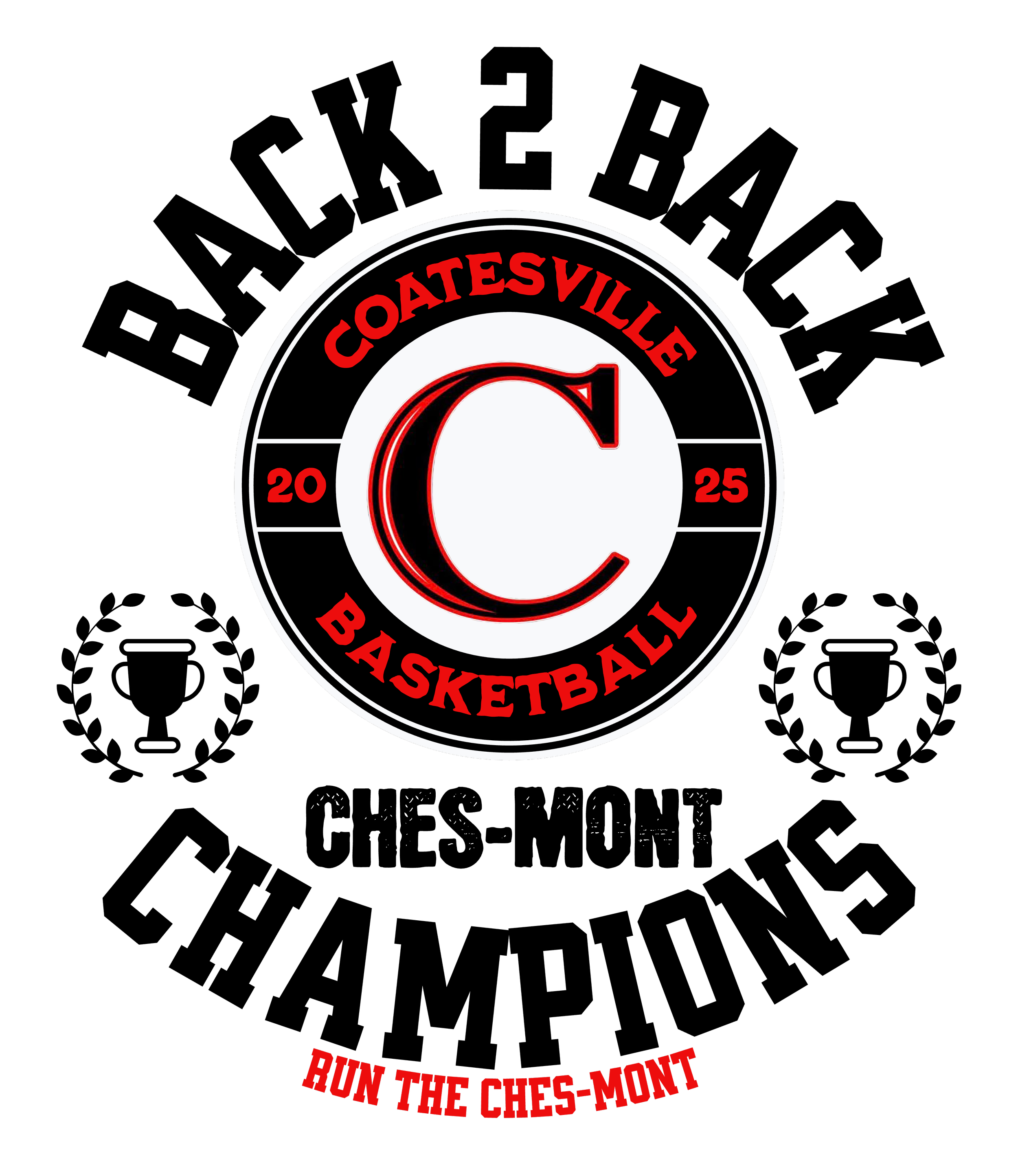 A promotional poster for Coatesville Basketball with a central logo featuring a large stylized letter'C' in black and red. The logo is surrounded by a circular border with the text 'COATESVILLE BASKETBALL' in red, and the year '2025' on either side. At the bottom of the poster, the phrase 'RUN THE CHES-MONT' is written in red capital letters.
