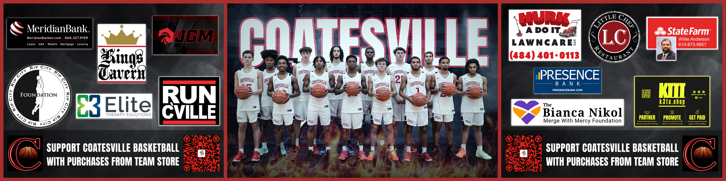 A basketball team of young men in white uniforms standing in a line with basketballs, with various advertisements and sponsor logos surrounding them, supporting Cotesville basketball.