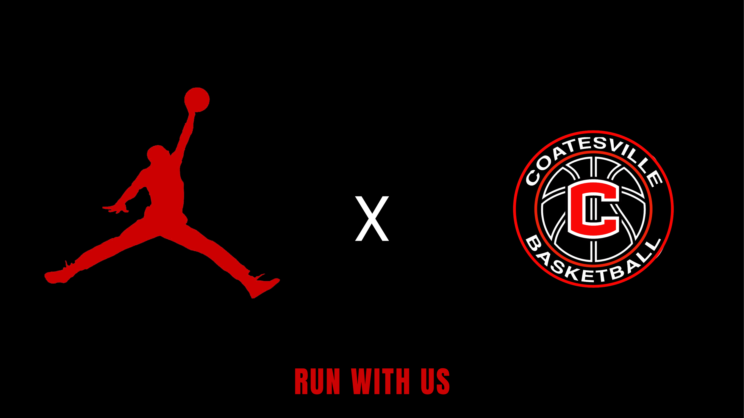 Graphical advertisement showing a collaboration between Jordan Brand and Coatesville Basketball, featuring the Jumpman logo on the left and the Coatesville Basketball logo on the right, with the phrase 'Run With Us' in red at the bottom.