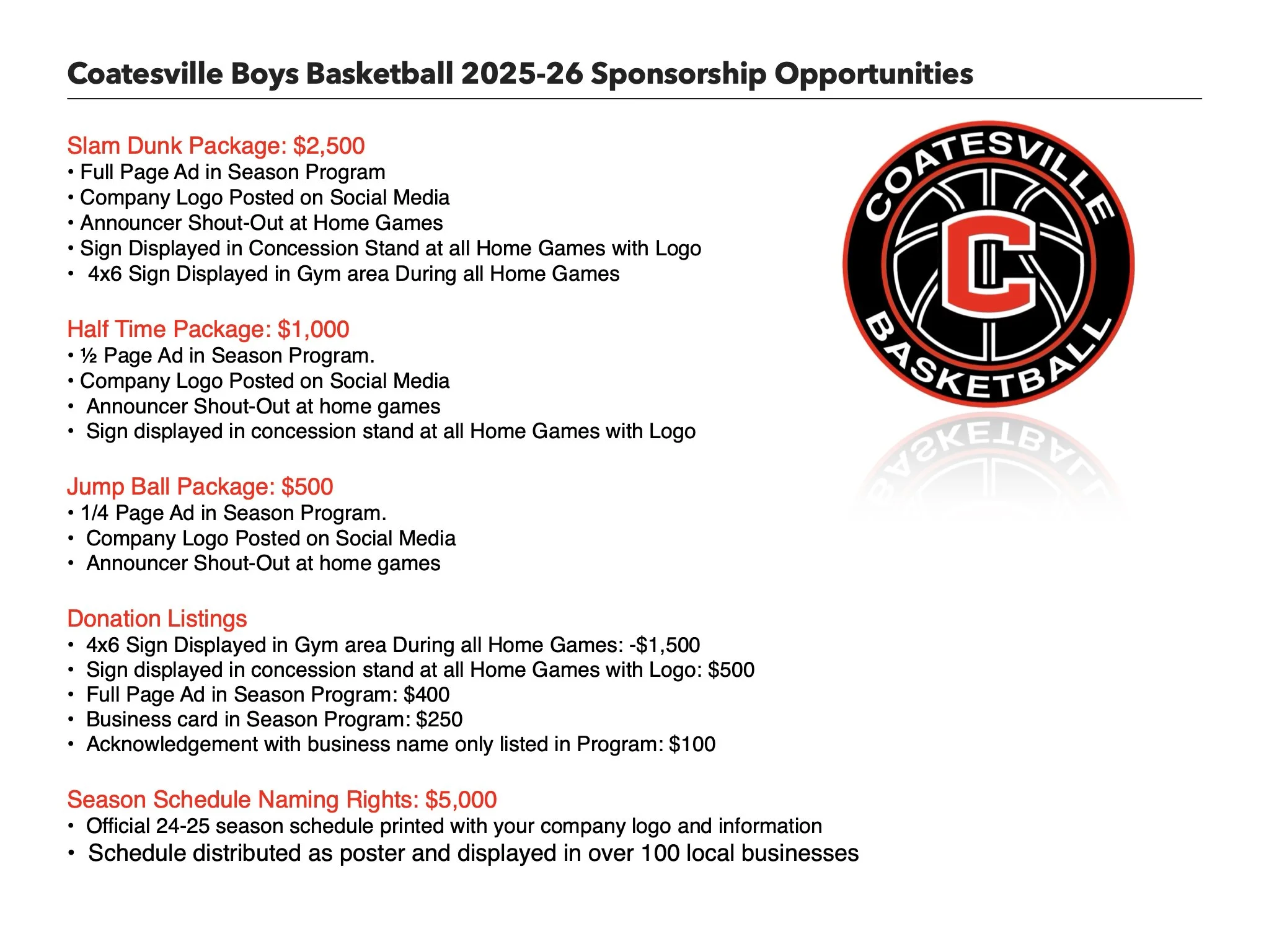 A list of sponsorship opportunities for Coatesville Boys Basketball 2025-26, including packages for Slam Dunk, Half Time, Jump Ball, Donation Listings, and Season Schedule Naming Rights, alongside the Coatesville Boys Basketball logo.