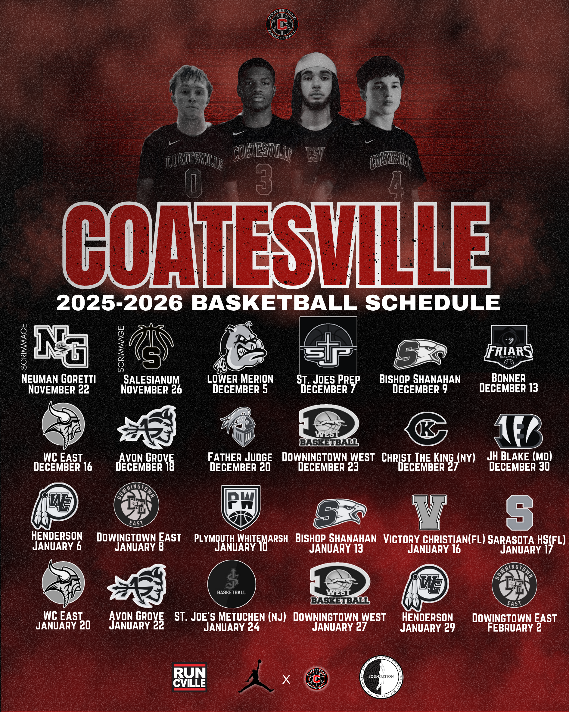 Basketball schedule for Coatesville 2025-2026 season with team logo, four players, and game dates and locations listed.