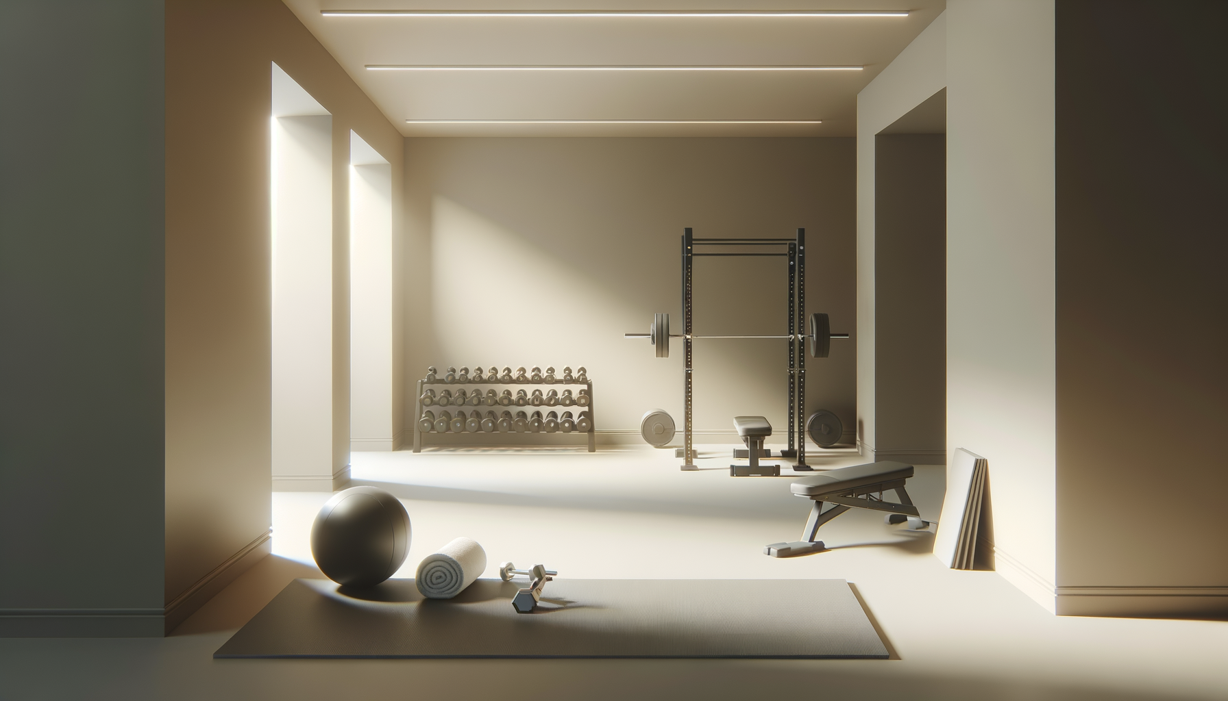 Empty home gym with sunlight coming through windows, featuring a stability ball, foam roller, dumbbells, exercise bench, barbell with weights, and a rack of dumbbells in the background.