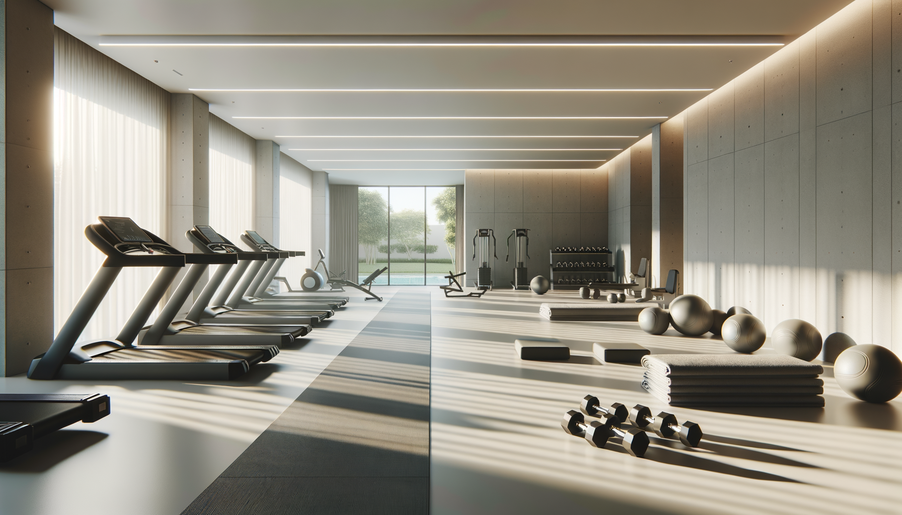 A bright modern gym with treadmill machines, exercise bikes, free weights, medicine balls, yoga mats, and other workout equipment near large windows with sunlight streaming in.