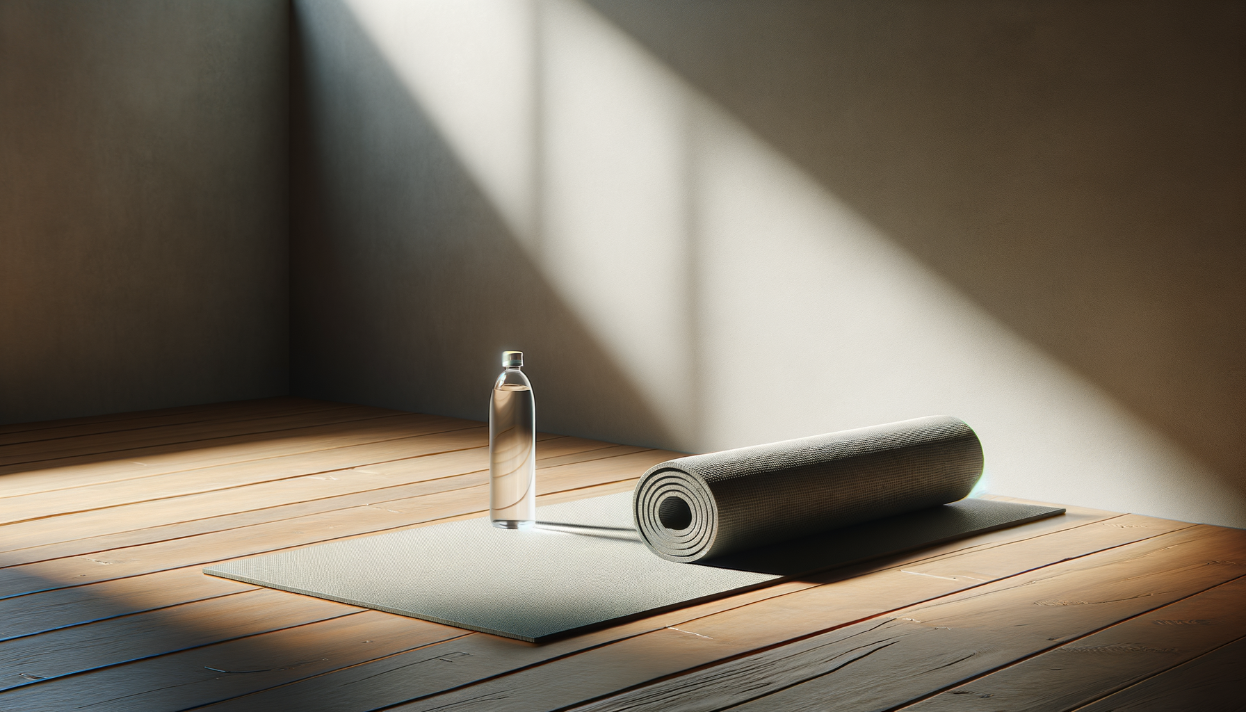 Yoga mat, water bottle, and rolled-up towel on a wooden floor in sunlight.