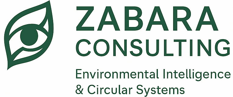 Logo for Zabara Consulting featuring a stylized leaf and eye design, with text indicating environmental intelligence and circular systems.