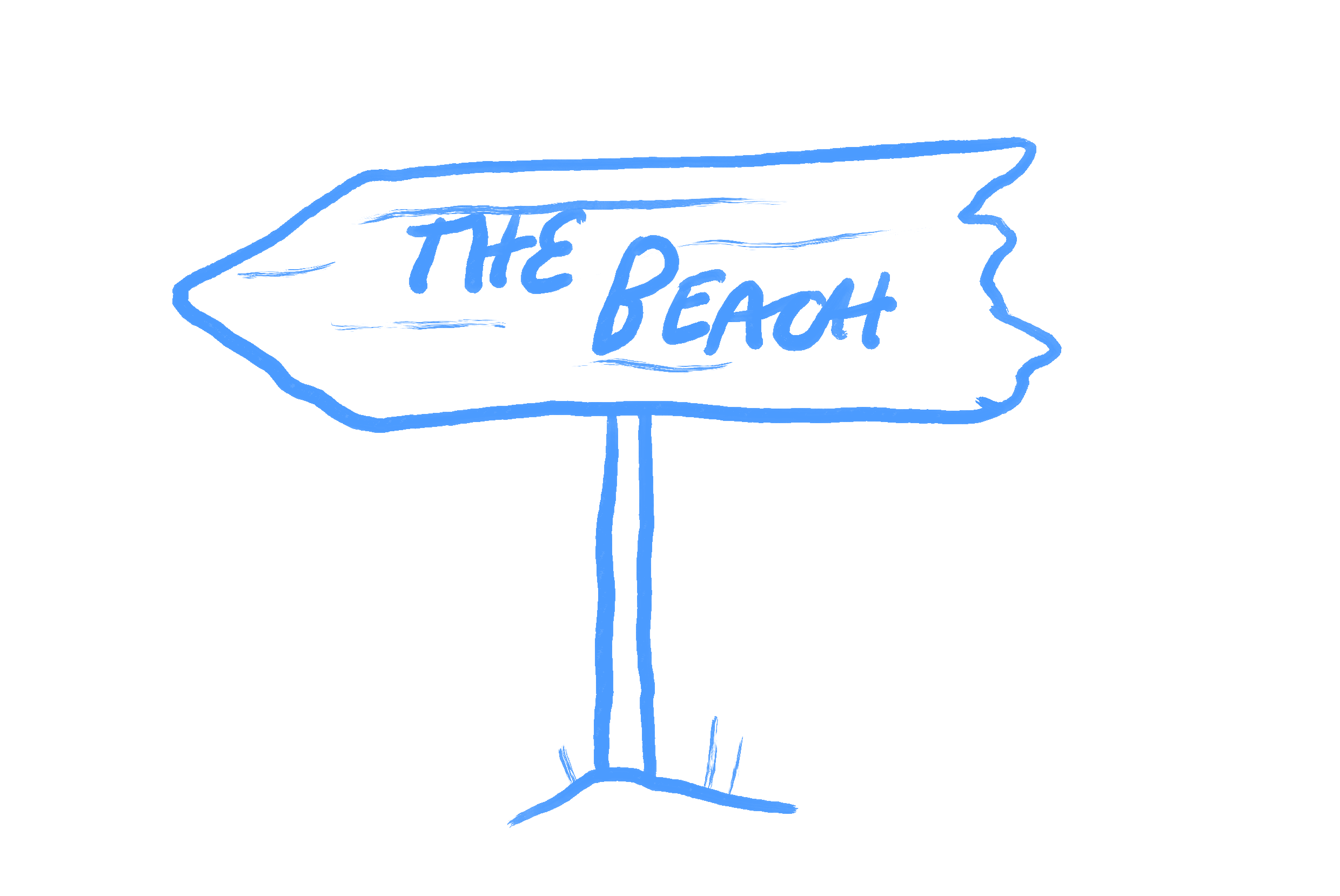 Blue hand-drawn signpost pointing left with the words "The Beach" written in blue on a black background.