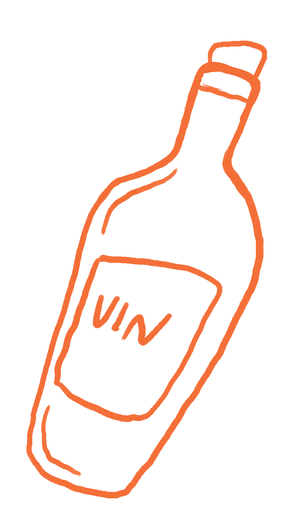 Simple orange outline drawing of a wine bottle with a label that says 'Vino' on a black background.