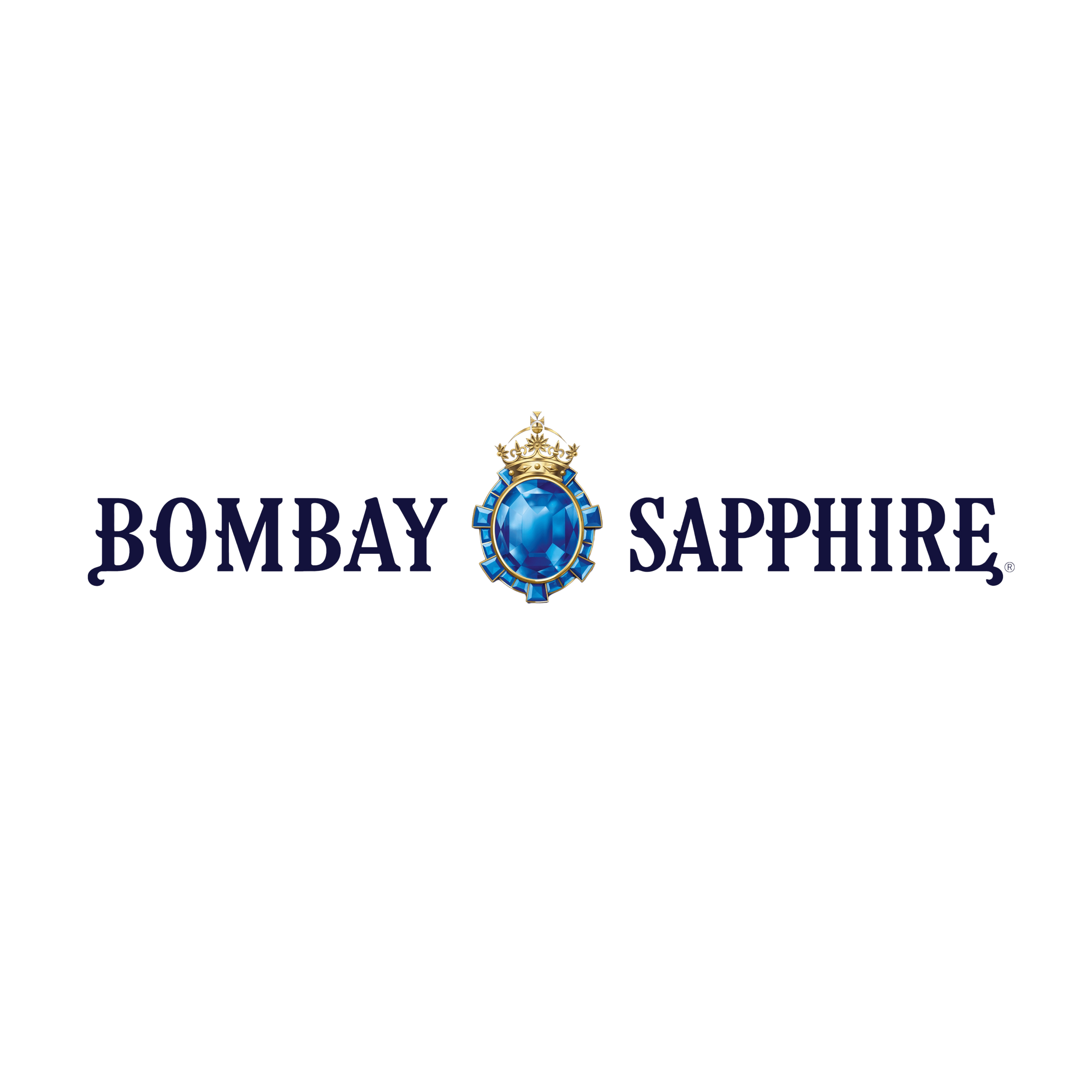 Logo for Bombay Sapphire gin featuring a large blue sapphire gemstone with a crown on top, positioned between the words 'Bombay' and 'Sapphire' in elegant font.