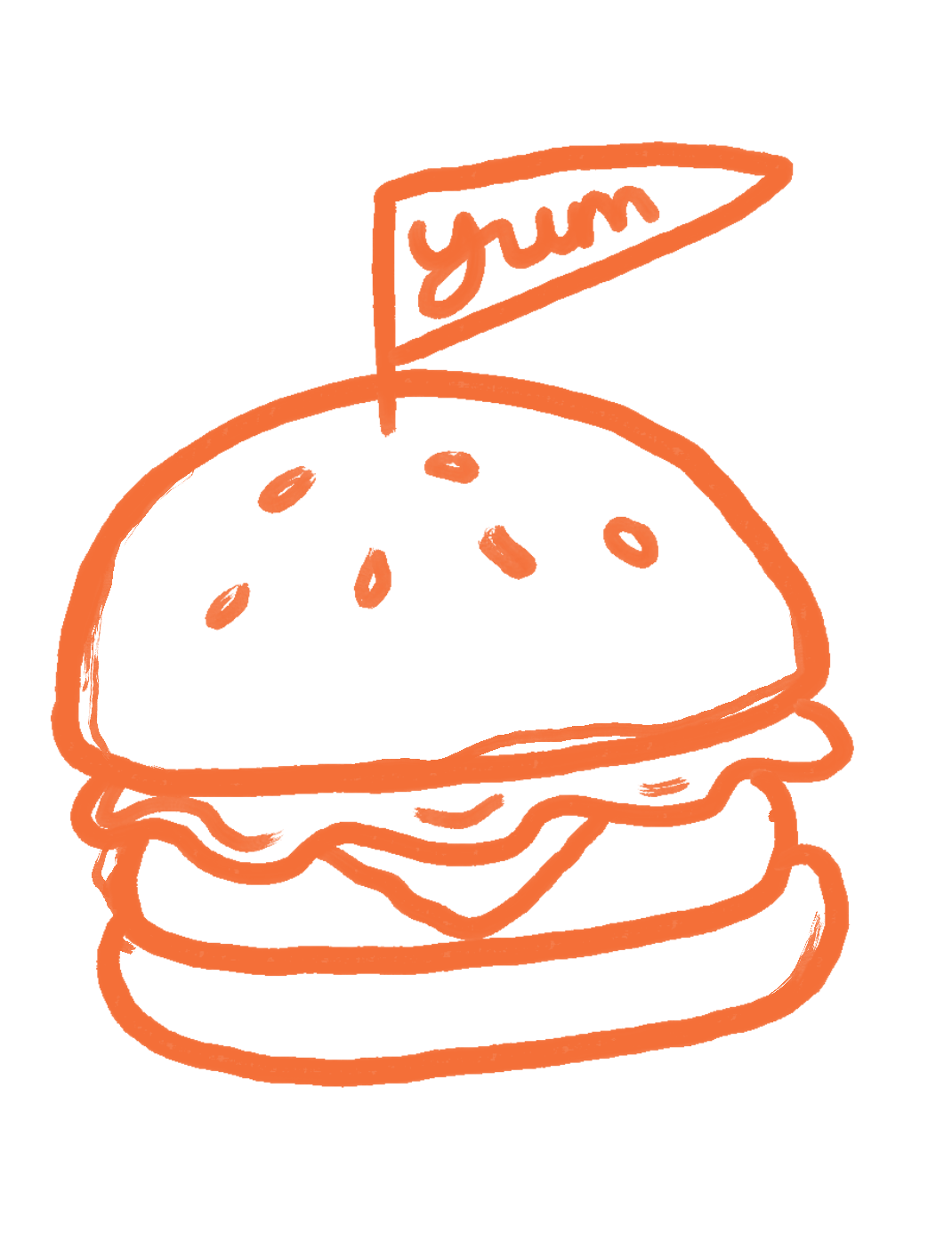 Orange line drawing of a hamburger with a flag on top that says 'yum'.