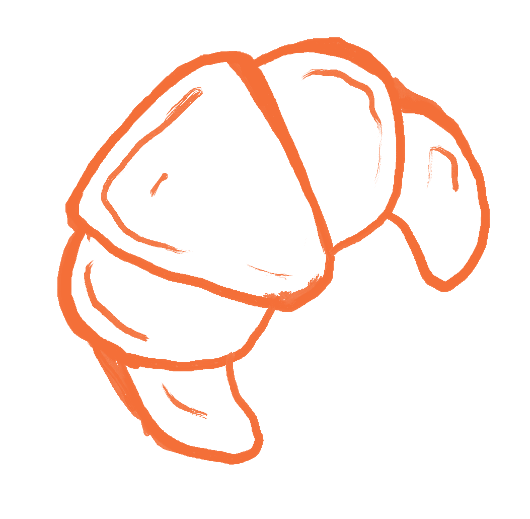 Outline drawing of a shrimp in orange on a black background.