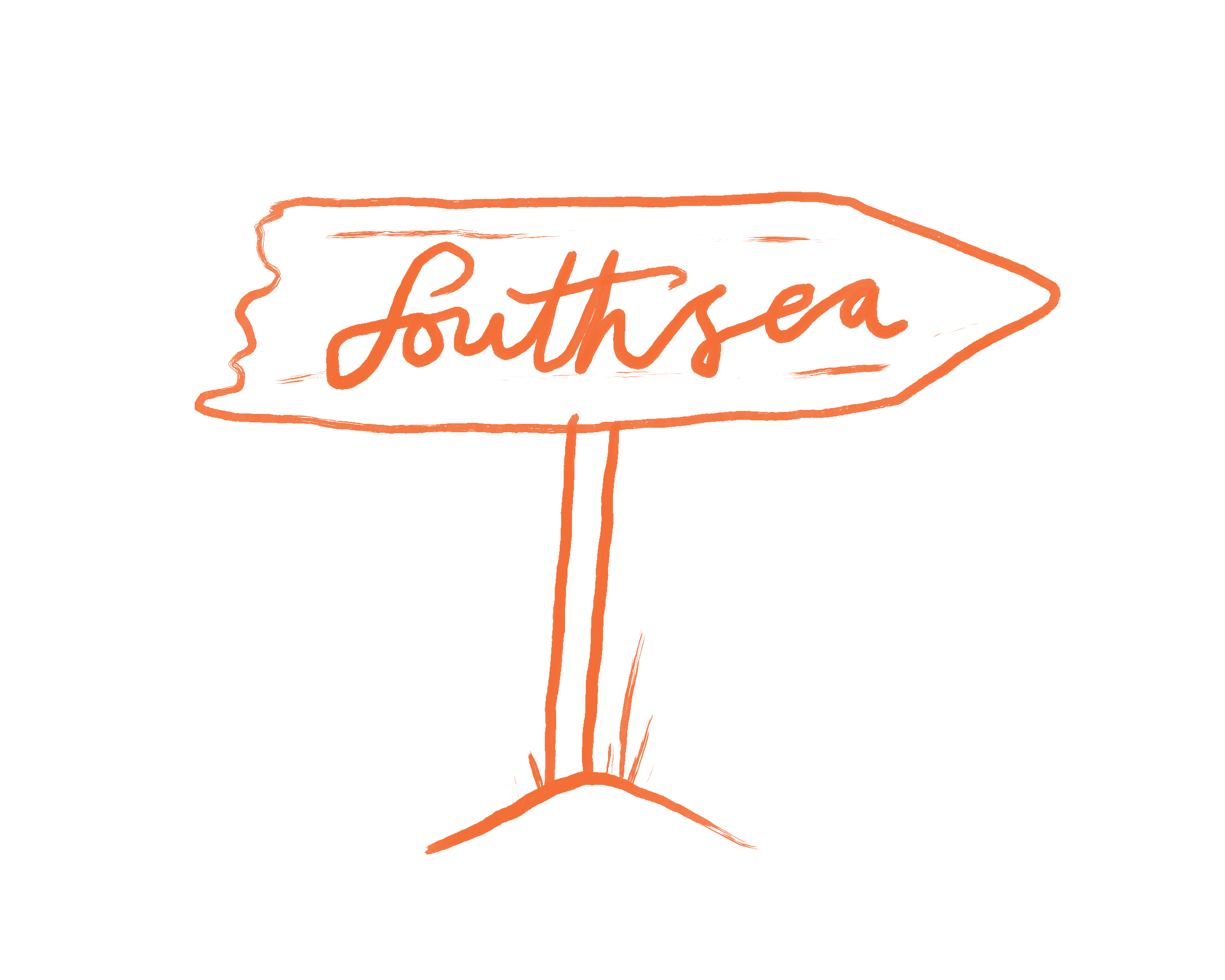 A hand-drawn map sign with an arrow pointing right, labeled 'Southsea' in orange script.
