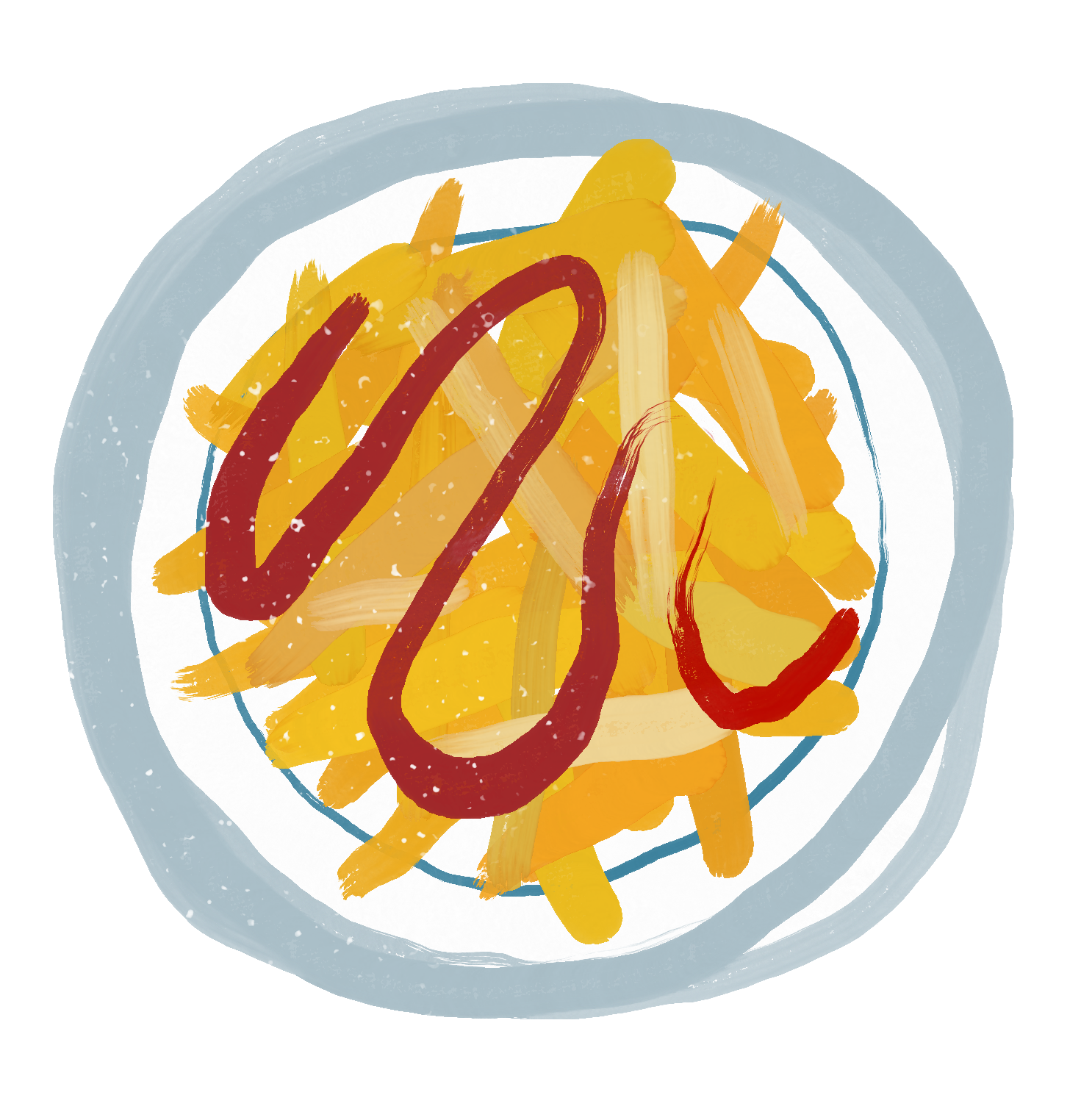 Drawing of a plate of French fries with ketchup drizzle on top, on a light blue table.